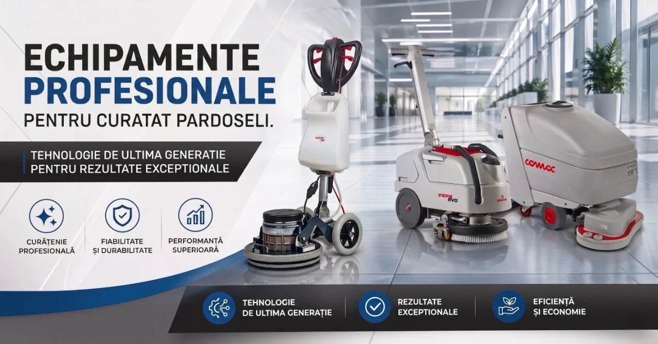 Echipamente profesionale pentru curățat pardoseli: mașină de spălat pardoseli Comac și monodisc