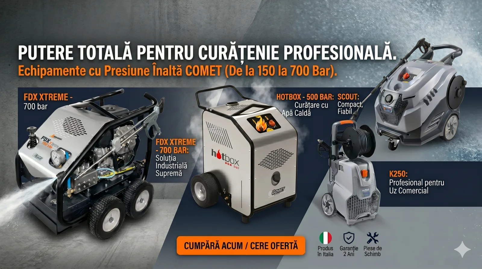 Aparate de curățat cu presiune înaltă Comet: FDX Xtreme, Hotbox, Scout și K250