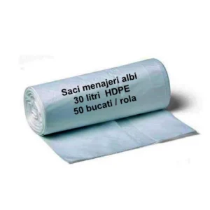 Saci menajeri albi 30 litri HDPE - 50 buc/rolă