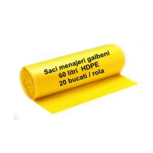 Saci menajeri galbeni 60 litri HDPE - 20 buc/rolă