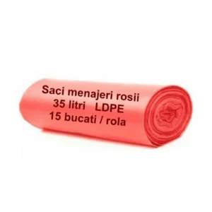 Saci menajeri rosii 35 litri LDPE - 15 buc/rolă