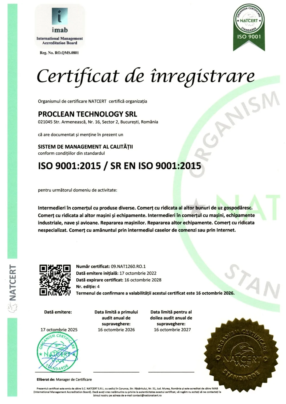 Certificatul de înregistrare ISO 9001:2015 emis de NATCERT pentru Proclean Technology SRL